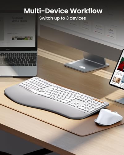ProtoArc EKM01 Plus Wireless Ergonomic Keyboard Mouse Combo - White Silver | Full-size Split Keyboard with Cushioned Wrist Rest, Ergonomic Mouse, 3-Device Bluetooth/2.4G, USB-C Rechargeable - color: White Silver