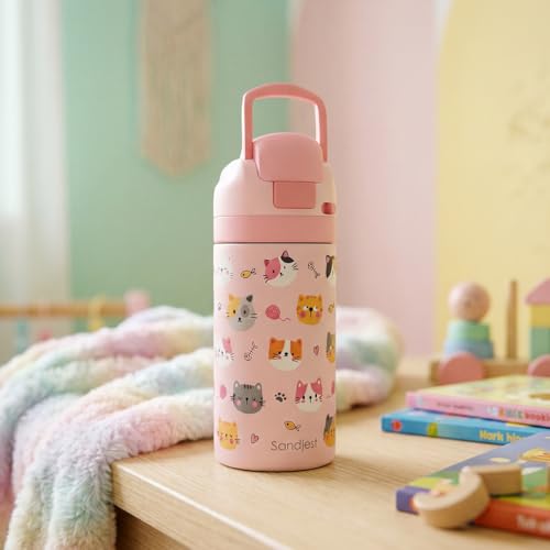 Cat Kids Insulated Stainless Steel Water Bottle 16 Oz, Travel Tumbler for School, Sports for Girls, Birthday, Back To School (Pink) - color: Cat 1