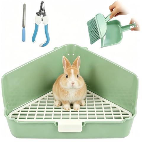 Large Rabbit Litter Box 10" x 10" x 7" with Broom & Grooming Kit, Low-Entry Corner Toilet Pan for Potty Training Rabbits Bunny Guinea Pigs Ferrets (Green)