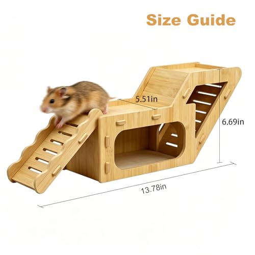 Wooden Hamster Hideout,Hamster Hideout Cage Accessories with Ladder(Z) | Platform for Syrian Hamsters Dwarf Gerbil Mouse - color: Bamboo-Light
