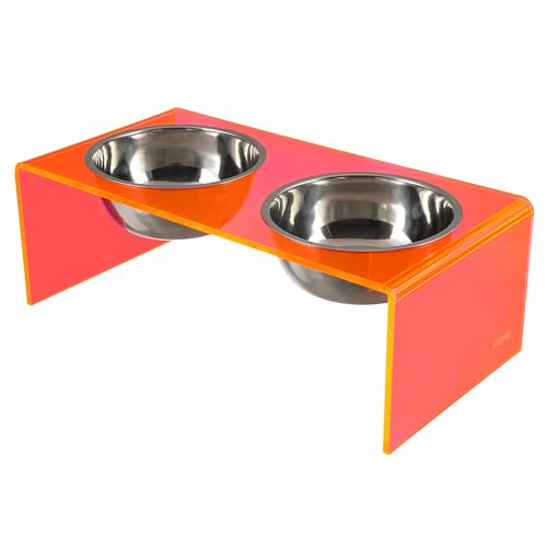 DBL2001E Keaton 7.5" Medium/Large Modern Acrylic Rectangular Elevated Pet Feeder with 54oz 2-Stainless Steel Bowls, Pink/Chrome - color: Pink/Chrome, size: 54 Ounces (7.5" Cups 2-Pack)