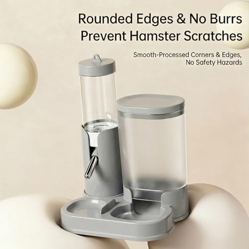 No Drip Hamster Water Bottle, 2 in 1 Hamster Water Dispenser & Food Bowl | Sealed Freestanding Small Animal Gravity Feeder, Hamster Cage Accessories for Dwarf Hamster, Gerbil, Rat, Mice (Gray) - color: Gray