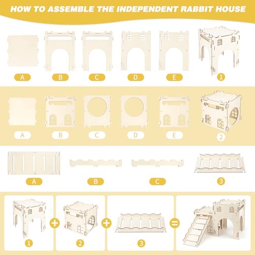 BWOGUE Wooden Bunny Castle Hideout, Extra Large Bunny House with Stairs | Bunny Houses and Hideouts, Split Balcony, Detachable Stairs, Ventilated Design, Indoor Rabbits Guinea Pigs and Chinchillas - style: 2 House and 1 Ladder
