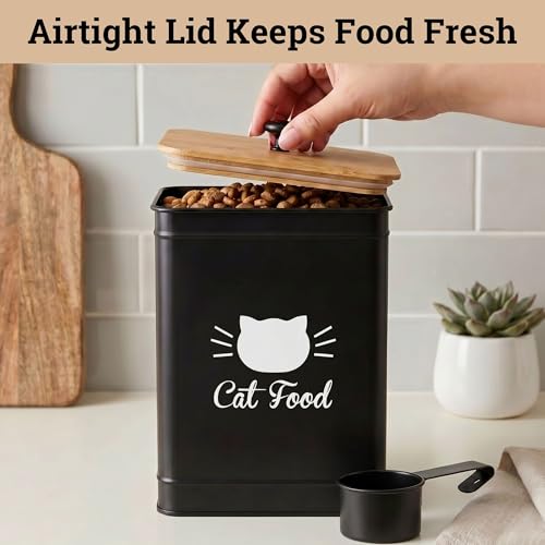 Cat Food Container with Scoop 5-7 lb (25 Cup), with Airtight Bamboo Lid | Cat Kibble Canister with Metal Scoop, 25 Cups, Chew Proof Iron Body, Powder Coated, Airtight Bamboo Lid, Sturdy Metal Handle - color: Black