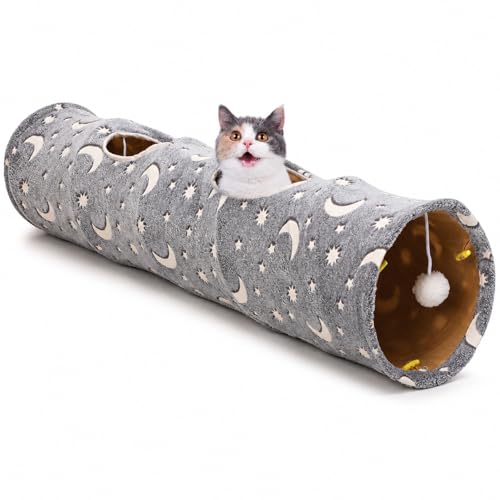 Cat Tunnel Tube with Plush Ball Toys Collapsible Self-Luminous Photoluminescence, for Small Animals Pets Bunny Rabbits, Kittens, Ferrets,Puppy and Dogs Grey Moon Star - size: 47.2Inch