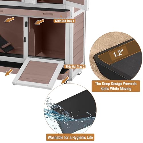 Rabbit Hutch Indoor Bunny Cage Outdoor with Casters, Guinea Pig Cage for Small Animals, Bunny Hutch with Two Plastic Trays 47inch - color: #Brown-Large