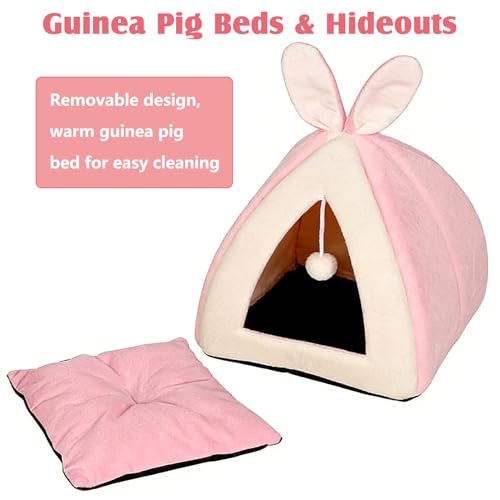 Fhiny Rabbit Bed Cave Cozy Guinea Pig Hideout Cute Bunny Bed Large House Winter Nest Dwarf Rabbit Cage Accessories for Chinchilla Ferret Hedgehog or Other Small Animals（Pink） - color: Pink
