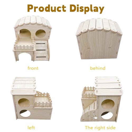 Hamster Wood House Wooden Hamster Hideout Maze Double-Decker Huts with Climbing Ladder for Syrian Dwarf Gerbil Mouse