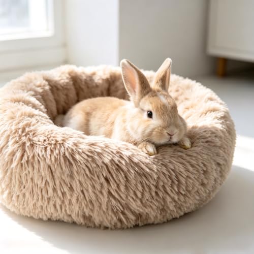 2 Pack Rabbit Bed, Fluffy Donut Shaped Bunny Hideout Comfort Sleeping Mat | Washable Comfort Hideaway Nest Bed for Guinea Pig, Kitten, Chihuahua, Small Pet - color: Dark Gray + Khaki