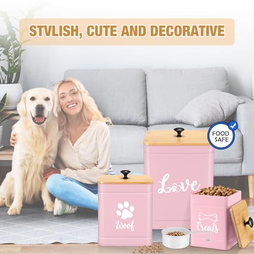 Jingmore Metal Dog Treat Containers Set of 3 with Bamboo Lids and Spoon Airtight 7+3+2 lbs Dog Food Snack Jars with DIY Labels Big Pet Cookie Storage Jar for Kitchen Counter (Pink,Funny) - color: Pink, style: Funny