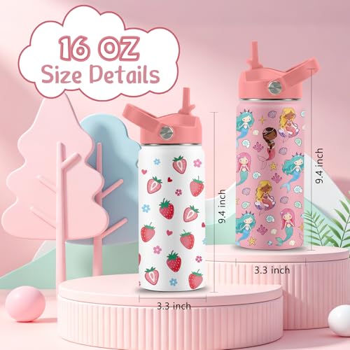 16 oz Water Bottle with Straw Lid, 2 Pack Set, Strawberry Mermaid Gifts for Girls, Stainless Steel Insulated Water Bottles for School Travel Outdoor Sports, Pink Cups Birthday Gifts - color: Strawberry and Mermaid