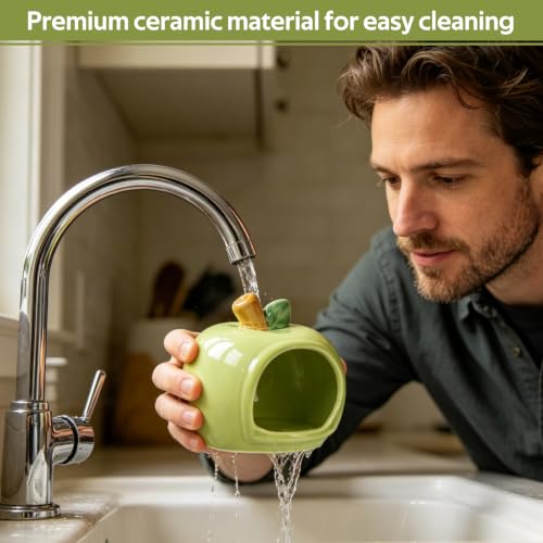 Ceramic Hamster Hideout & Food Bowl Set, Green | Apple-Shaped, Chew-Proof Sleeping Cave, Cooling Shelter Function, 2.9-inch Entrance, For Syrian Dwarf Hamsters, Mice - color: Green