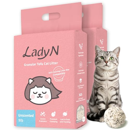 Lady N Tofu Cat Litter, Low Dust Compatible with Auto-Box Unscented 18lb | Mini-Pellet Shape, Strong Clumping, Ultra Absorbent, Activated Charcoal Odor Control - size: 9lb x 2bags