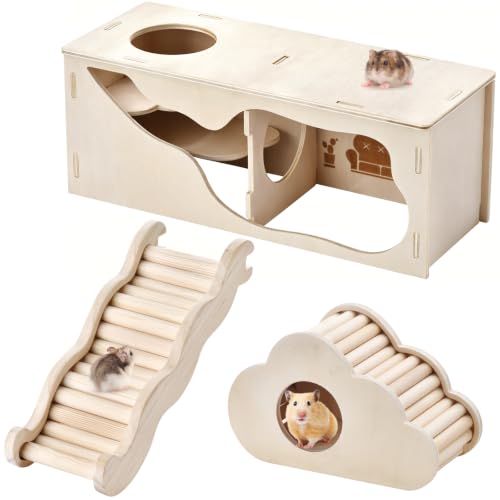 3-in-1 Hamster cage Accessories with Wave Climbing Ladder, Cloud nest, Small House, Maze Tunnel, Suitable for mice, Sand Rats, Hairy Footed mice, Golden Bears, Dwarf Hamsters, Small Pets Toys