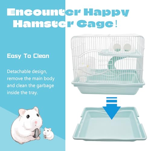 2-Tier Portable Hamster Cage and Habitats,Travel Metal Mouse Cages with Free Water Bottle,Houses and Exercise Wheel for Any Breed of Hamster and Small Animal (14.6x11.0x11.8inch Light Blue) - color: 【Light Blue】