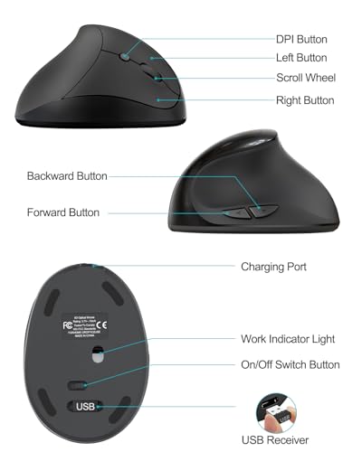 Lekvey Ergonomic Mouse, Rechargeable Wireless Mouse for Small Hands, Black | Design for Small & Medium Hands, 150H per Charge, 3 DPI (800-1600), 2.4G USB Wireless, Plug & Play, Wide Compatible