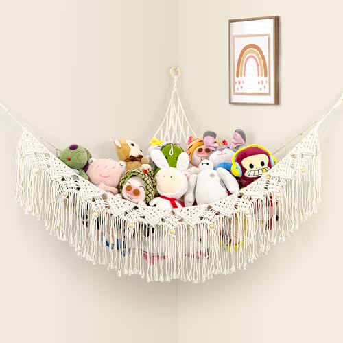 Large Stuffed Animal Net or Hammock, Stuffed Animal Storage Macrame Toy Hammock Hanging Net for Stuffed Animals Corner, Plushie Net Hammock Toy Organizer for Boho Kids Room Nursery Playroom - color: Cream White