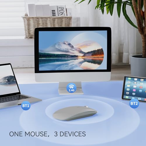 TENMOS M18 Bluetooth Mouse, USB C Rechargeable Wireless Mouse, Silent-Grey | Tri-Mode BT5.1/5.0+2.4G, Quiet Click, Portable, Battery Level Visible, USB Receiver,Type C Adapter, for Laptop/MacBook/iPad - color: grey
