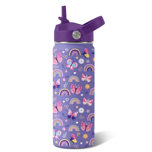 Butterfly Gifts - 18oz Purple Kids Water Bottle with Straw Lid, Stainless Steel Insulated Bottle, Leakproof, BPA-Free, for Girls, School, Travel - Butterfly Rainbow Themed Birthday Gift Cup (1pc) - color: Butterfly1, size: 18 Ounces