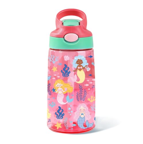 Kids Plastic Water Bottle - Mermaid Water Bottles for Kids, 14oz Plastic Water Bottles with Straw Lid, Leakproof BPA-Free Mermaid Water Bottle for Home Sports Travel, Pop-Up Straw Cover, Pink - color: Mermaid