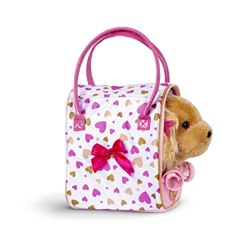 Pucci Pals Plush Puppy Carrier Set, Cocker Spaniel, Heart Print Bag, Pet | 3-piece plush pet set with Cocker Spaniel puppy, comb, and 8 x 6 x 9 in heart print carry bag for grooming and, 2+ Years - style: Cocker Spaniel - Gold & Pink Bag