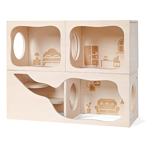 Hamster Hideout Wooden House Chamber Small Animals Pets Tunnel Exploring Toys Secret Peep Shed for Dwarf Hamsters, Syrian Hamsters, Gerbils, Hedgehogs, Rats, Mice (Living Room)