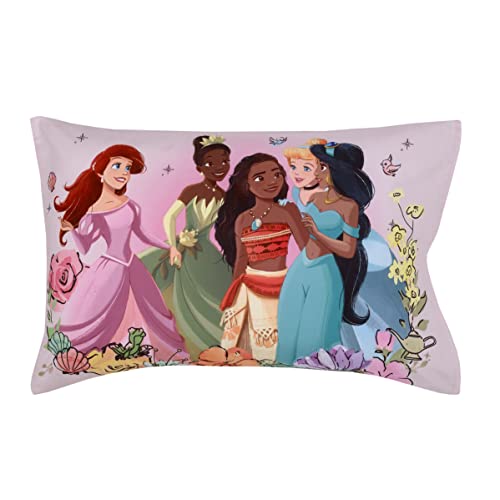 Disney Princesses Courage and Kindness Ariel, Tiana, Moana, Jasmine, Cinderella, Mulan, Belle, and Snow White 2 Piece Toddler Sheet Set - Fitted Bottom Sheet and Reversible Pillowcase - color: Princesses Courage and Kindness Pink