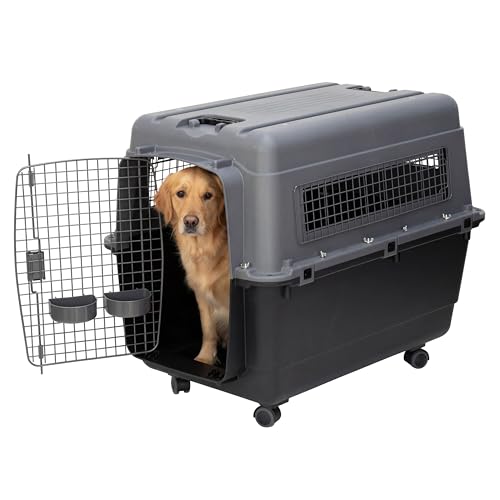 SportPet Airline Compliant X-LARGE 35.5" Travel Dog Kennel-Durable Plastic Airline Pet Carrier w/Removable Wheels & Food Bowls, Collapsible Indoor/Outdoor Dog Kennel, Dogs up to 32"L & 23"H-Dark Gray - color: Dark Gray