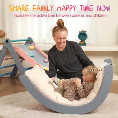 Pikler Triangle Set with Cushion, 7 in 1 Toddler Climbing Toys Indoor | Foldable Space-saving Design, Montessori-inspired Learning, Reversible Slide & Ramp, ASTM F963 Standards for Toddlers 18M-5Y - color: Rainbow With Blue