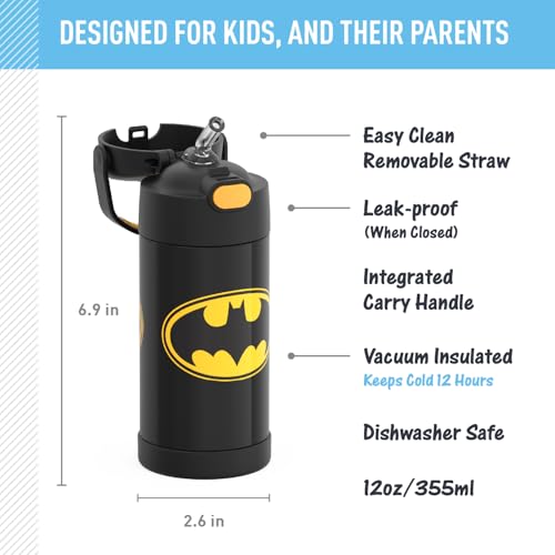 THERMOS FUNTAINER Water Bottle with Straw, 12oz, Batman | Kids Stainless Steel Insulated Water Bottle, Keeps Drinks Cold Longer for School & Play, BPA-Free - color: Batman, size: 12 Ounces