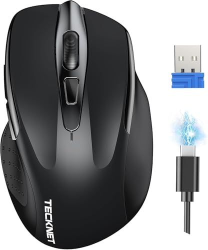 TECKNET Wireless Mouse Rechargeable, 2.4G Computer Mice with USB-A Receiver | 2.4G Connection, 800mAh Battery, 3X Faster Charging, Silent Click, 6-Level 4800 DPI, Ergonomic Design for All-day Comfort - color: Black