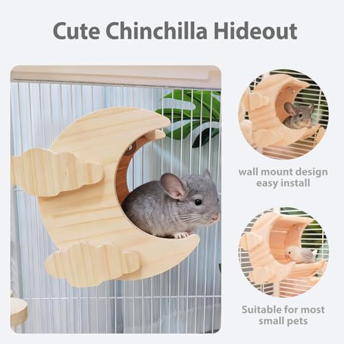 Chinchilla Hideout House Solid Wooden Chinchilla Cage Accessories | Chinchilla House No Paint Wooden Guinea Pig Hideout Small Animal Hide Hut for Chinchilla, Squirrel,Sugar Gliders (Moon) - style: Moon Shape