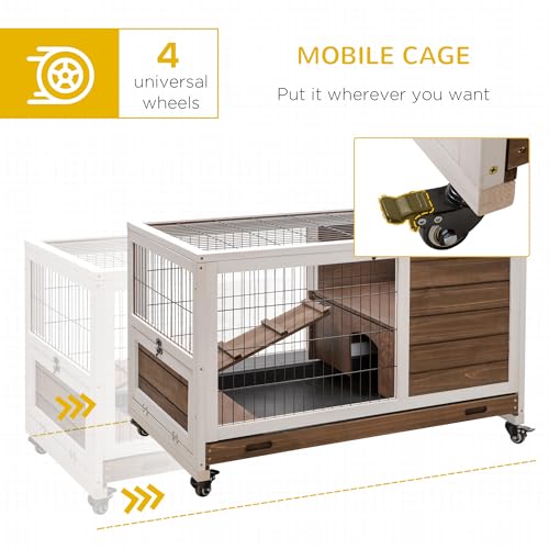 PawHut Wooden Rabbit Hutch Indoor Outdoor, Elevated Bunny Cage with No Leak Tray Enclosed Run with Wheels, Ideal for Guinea Pigs and Small Animals, Brown | No Leak Tray Enclosed Run with Wheels, for Rabbits, Chickens, Ducks, Guinea Pigs and Small Animals