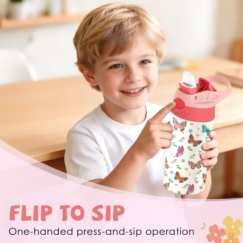 Butterfly 12 oz Water Bottle with Straw – Kids Stainless Steel Vacuum Insulated Cup, Leakproof Pop-Up Spout, Reusable Travel Mug for Boys and Girls Outdoor Sports - color: Butterfly1