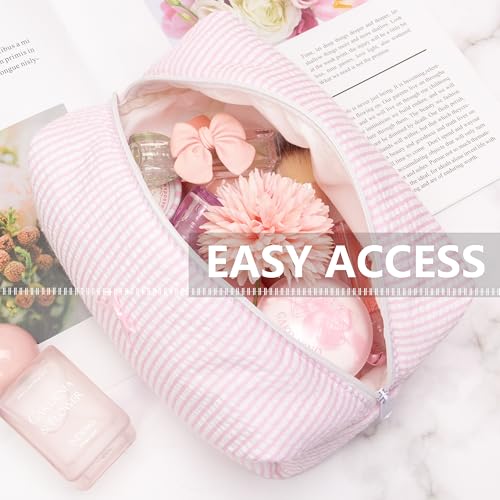 PAZIMIIK Cozy Makeup Bag for Women,Zipper Cosmetic Pouch,Stripe Ballet Pink | Soft Cosmetic Organizer for Makeup,Skincare,Toiletries,Daily Beauty Essentials,Purse,On-the-Go,Bridesmaid Gifts - color: Stripe Ballet Pink