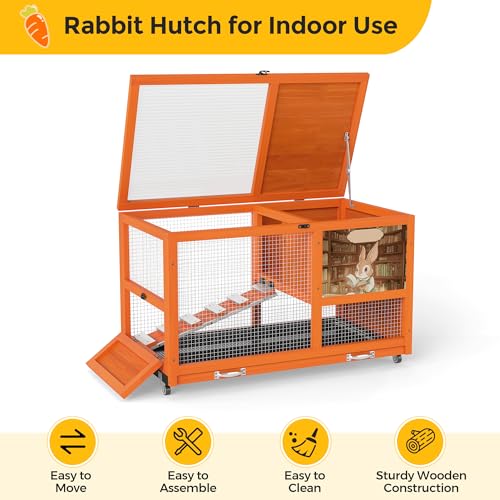 COZIWOW 36.5-Inch Double-Decker Wooden Rabbit Hutch with Wheels, Featuring A Cleaning Tray and Ladder—Stylish and Easy to Assemble（Orange and Pattern） - color: Orange and Pattern