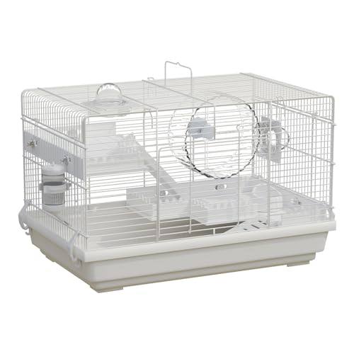 Dwarf Hamster Cage Starter Kit 19x12x12in for Dwarf Hamsters Robo Hamsters | Multilevel Dwarf Hamster Cage with Silent Wheel Ø6", 2 Platforms, 2 Tube Ports, Ladders, Water Bottle, Food Bowl - color: White