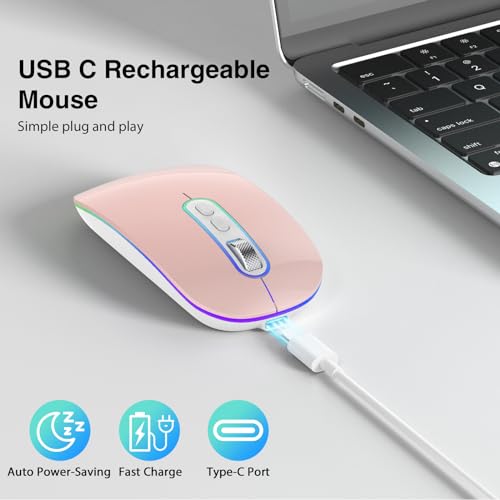 cimetech Rechargeable Wireless Mouse, Dual Mode Mouse-Pink | 2.4G & BT Slim LED Mouse for MacBook,Silent Click, 1600 DPI for Office Travel Mac Air Pro/PC/Laptop/Computer - color: Pink