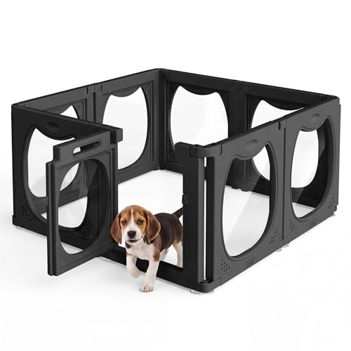 Clear PET Dog Playpen Indoor, 8-Panel Heavy-Duty Transparent Puppy Playpen, Modular Pet Fence Enclosure for Small Medium Dogs, Easy to Assemble (Black, 24 Inch H, 8 Panels) - color: Black