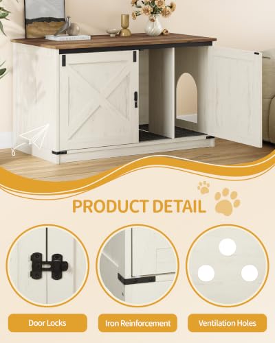 Hzuaneri Cat Litter Box Enclosure, Hidden Litter Box Furniture with Divider | Wooden Cat Cabinet with Removable Dividers, Reversible Entrance Left or Right Side, Cat Washroom, Rustic White Brown CB84714X - color: Rustic White and Brown, size: 39.4"L x 21.