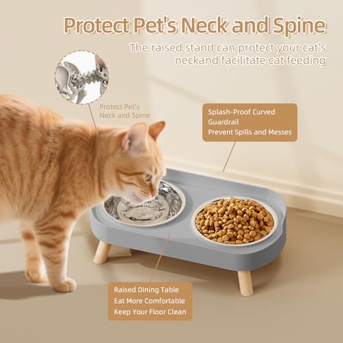 Elevated Cat Bowl, Raised Cat Food and Water Bowl Set for Indoor Cats, Splash Proof with 2 Stainless Steel Pet Food Bowls for Cats and Puppies, Whisker Fatigue and Dishwasher Safe - Grey - color: Cat Bowls-Grey