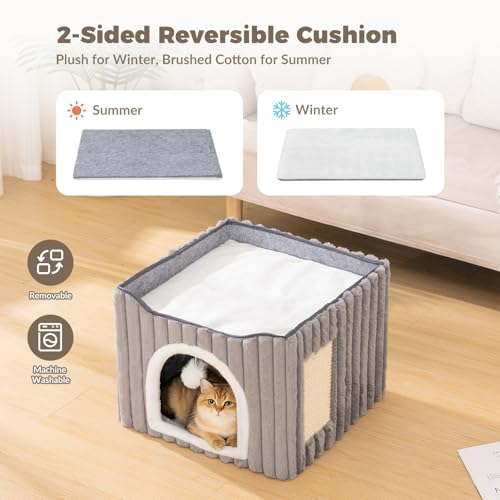 Avont 3-in-1 Cat Cave Bed for Indoor Cats with Scratch Pad | Scratch Pad & Hanging Ball, Large Hideaway for up to 20 LBS, Washable Cushion, Foldable Design, Available in Grey & Cream - color: Grey