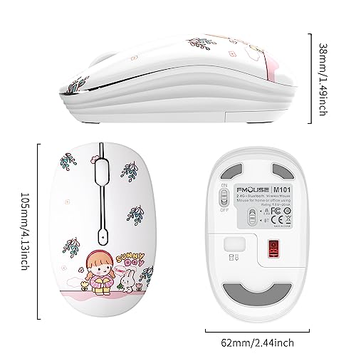 FMOUSE Cute Cartoon Silent Wireless Mouse, Dual Mode Bluetooth & USB 2.4G | Rabbit & Girl Pattern, Ideal for Kids Students & Office Use | AA Battery Powered | Compatible with Laptop Mac iPad Tablet PC - color: Rabbit & Girl