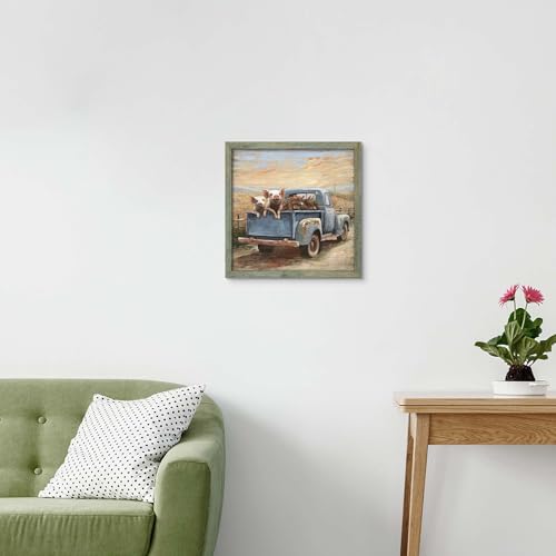 Farmhouse Wall Art Framed Picture: Rustic Farm Country Animal Print Decor Truck Wooden Artwork Pig Painting for Bathroom Bedroom Home 12 x 12 Inches - color: Pig on Truck, size: 12L" x 12W"