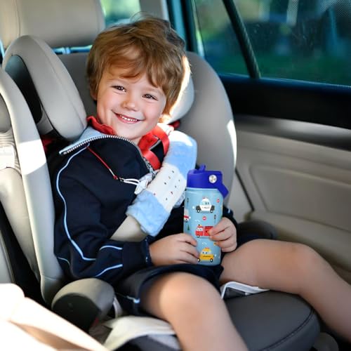 SANDJEST Kids Water Bottle with Straw Lid, Pack of 2 Insulated 12 Oz Stainless Steel Water Bottles for Boys, Travel Cup for School Sports, Construction - Transportation - color: Construction - Transportation (Pack 2)