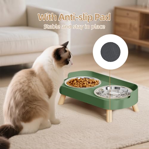 Elevated Cat Bowl, Raised Cat Food and Water Bowl Set for Indoor Cats, Splash Proof with 2 Stainless Steel Pet Food Bowls for Cats and Puppies, Whisker Fatigue and Dishwasher Safe - Green - color: Cat Bowls-Green