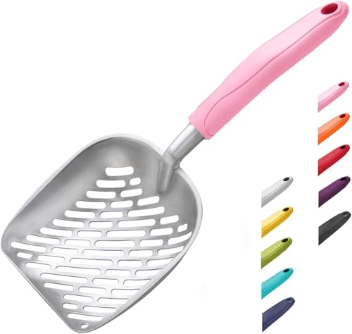 Cat Litter Scoop, Aluminum Alloy Sifter, Kitty Metal Scooper, Deep Shovel with Diagonal Sifting Hole, Long Handle, Kitten Poop Lifter for Litter Box, Medium Size, Pink Handle - color: #10 Pink, size: Medium