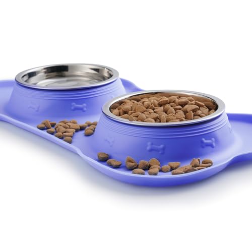 Hubulk Pet Dog Bowls 2 Stainless Steel Dog Bowl with No Spill Non-Skid Silicone Mat + Pet Food Scoop Water and Food Feeder Bowls for Feeding Small Medium Large Dogs Cats Puppies (Small, Purple) - color: Purple, size: Small