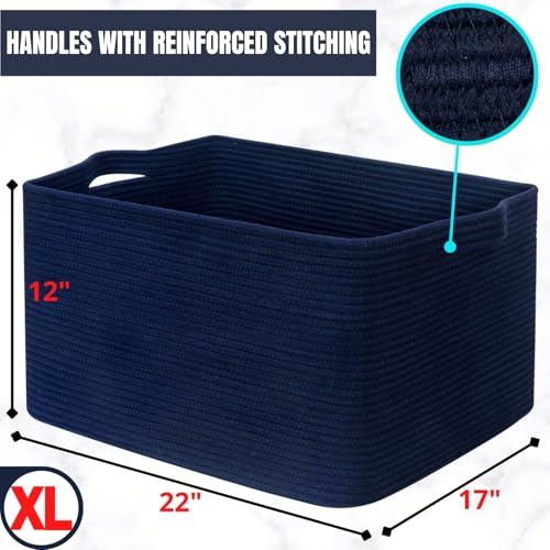 22in Extra Large Blanket Basket Holder Living Room, Rectangle Rope Woven Storage Basket with Handles for Laundry, Pool Towels, and Shoes, Dog Toy Organizer Bin Box, Full Navy - color: Full Navy Blue