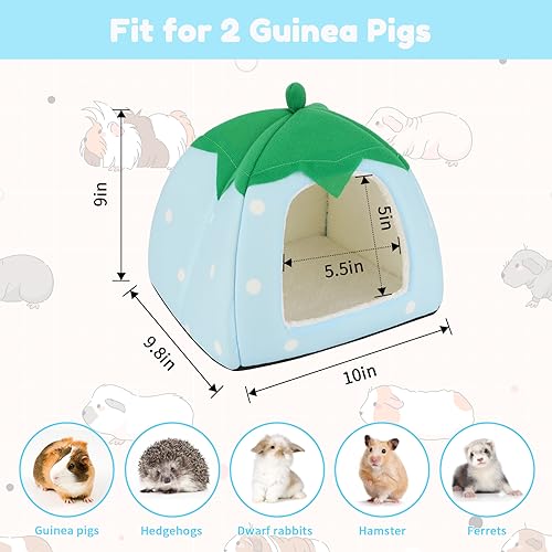BWOGUE Guinea Pig Bed Hideout, Washable Hamster Cave for Small Animals | Removable Cushion for Cleaning, Warm Fleece Nest, Washable Bed, 10 x 9.8 x 9 in, Dwarf Rabbits Hedgehogs - color: Strawberry Blue